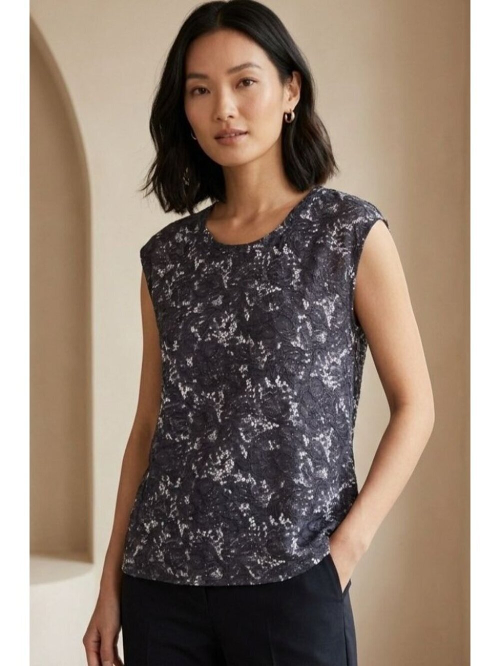 Women's - Theory Gray Silk Lace Print Blouse, Size Petite